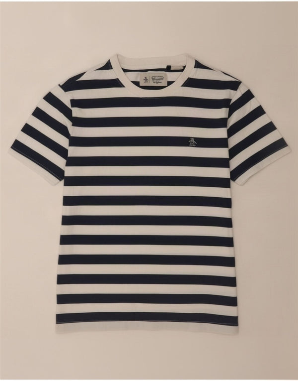 Penguin Damen T-Shirt Top UK 14 Medium Marineblau gestreift aus Baumwolle