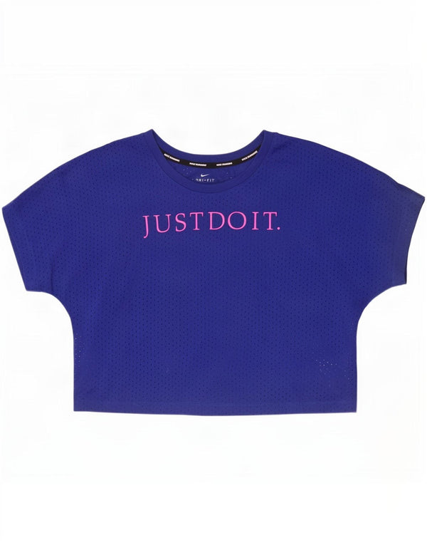 Nike Womens Dri Fit Crop Graphic T-Shirt Top UK 16 Grand Bleu Polyester