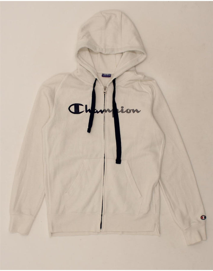 CHAMPION Mens Graphic Zip Hoodie Sweater Small White Cotton Vintage Champion and Second-Hand Champion from Messina Hembry 