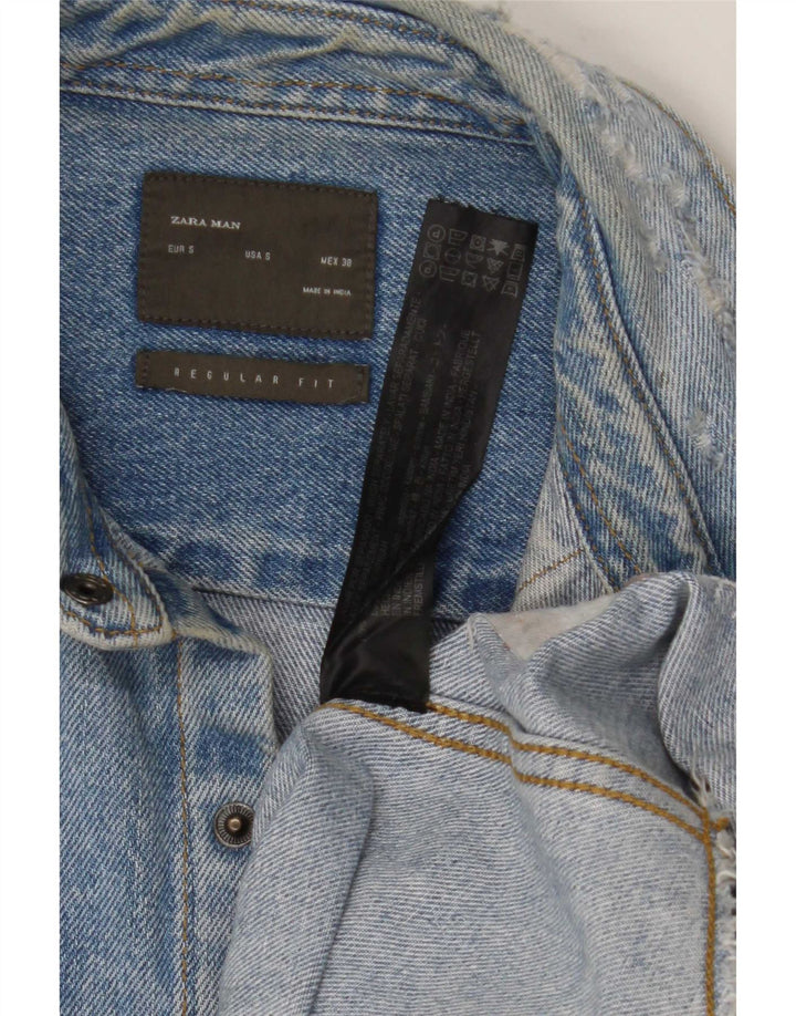 Zara Herre Distressed Regular Fit denimskjorte lille blå bomuld