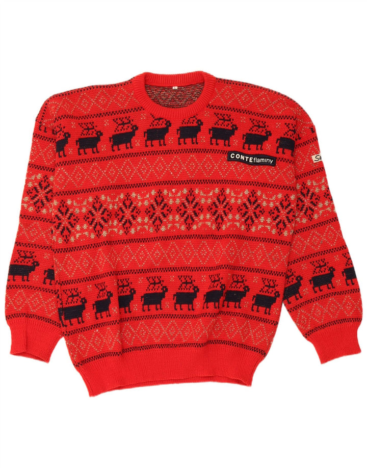 Vintage Mens Crew Neck Jumper Sweater Large Red Fair Isle Wool