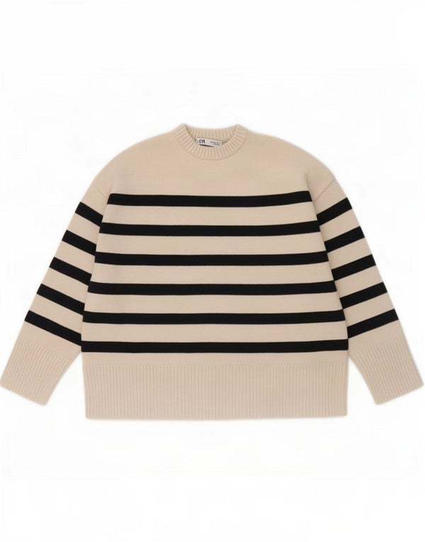 Zara Damen-Pullover mit Rundhalsausschnitt, UK 16, große beige gestreifte Viskose