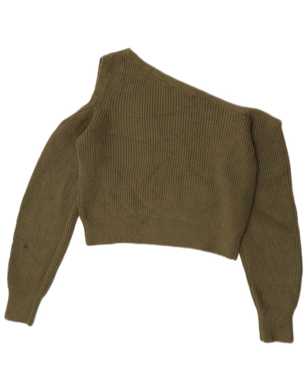 Zara Womens Crop One Shoulder Boat Neck Jumper Sweater UK 12 Medium Khaki