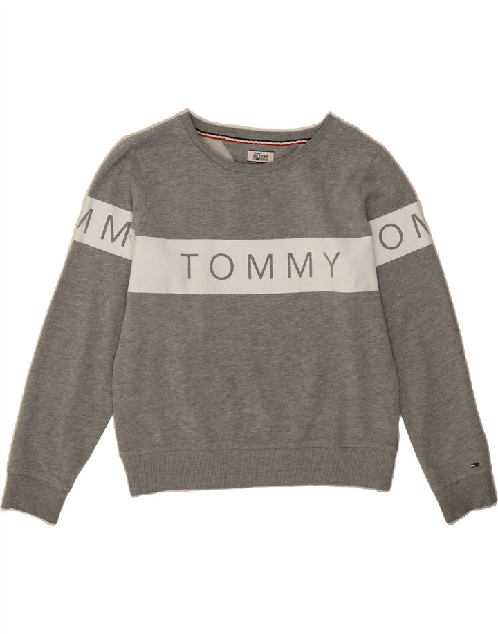 TOMMY HILFIGER Womens Sweatshirt Jumper UK 10 Small Grey Colourblock Vintage Tommy Hilfiger and Second-Hand Tommy Hilfiger from Messina Hembry 