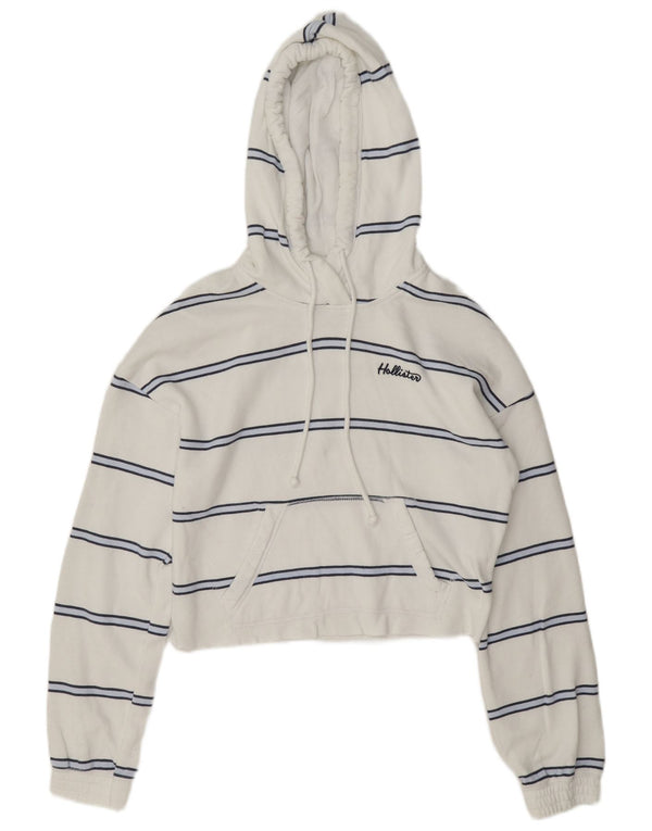 Hollister Womens Crop Oversized Hoodie Jumper UK 6 XS White Striped Cotton