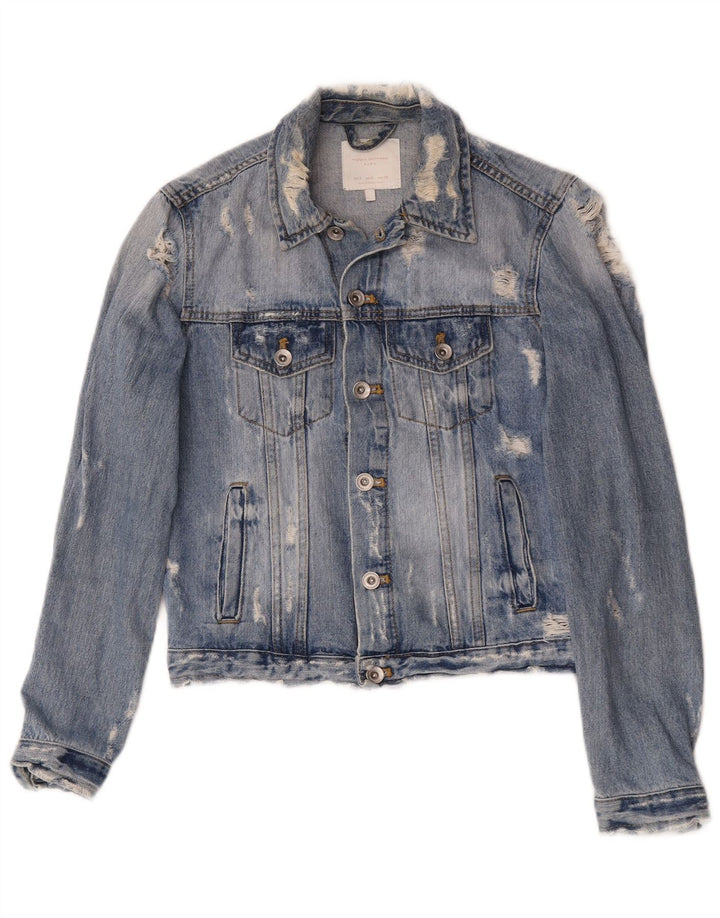 Zara Womens Distressed Denim Jacket UK 10 Small Blue