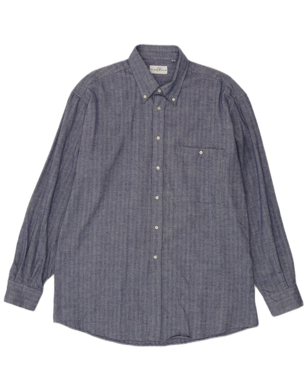 Vintage Herrenhemd Größe 45 18 2XL Marineblaue Herringbone-Baumwolle