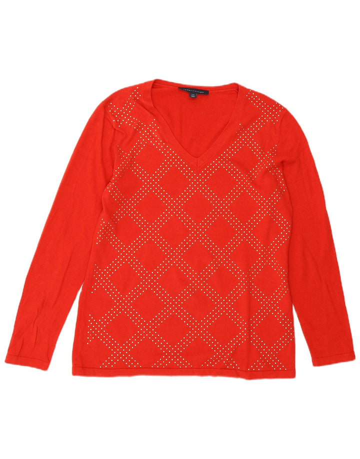 TOMMY HILFIGER Womens Top Long Sleeve UK 16 Large Red Argyle/Diamond