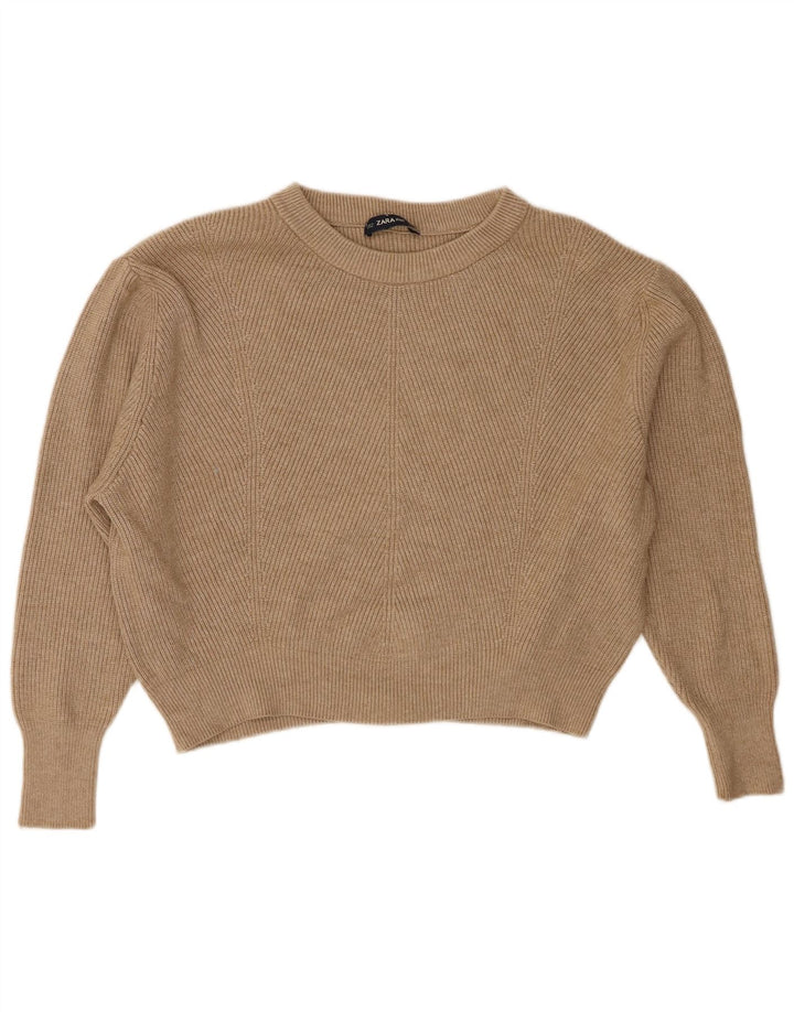 Zara Womens Crop Oversized Boat Neck Jumper Sweater UK 14 Medium Brown