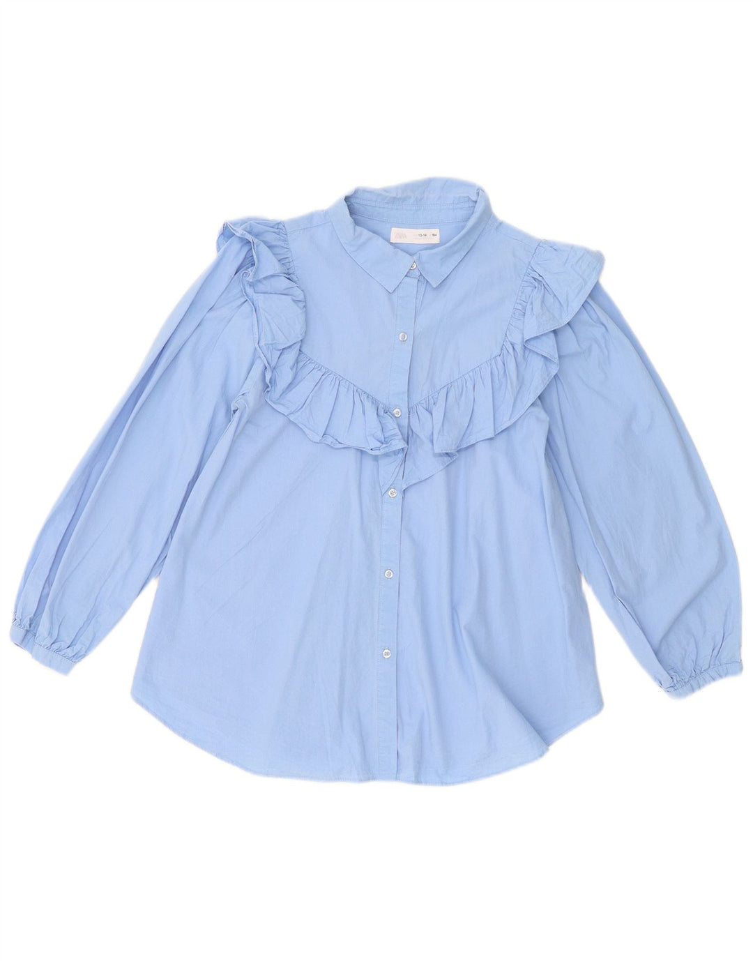 Zara Girls Ruffle Front Shirt Bluse 13-14 Years Blue