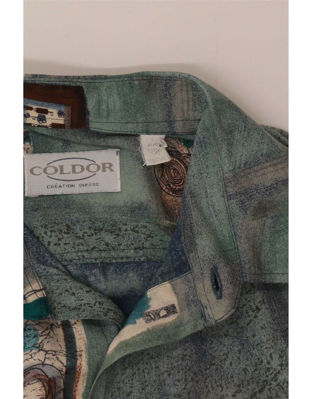 Coldor Mens Short Sleeve Shirt Size 41/42 Large Blue Patchwork Viscose