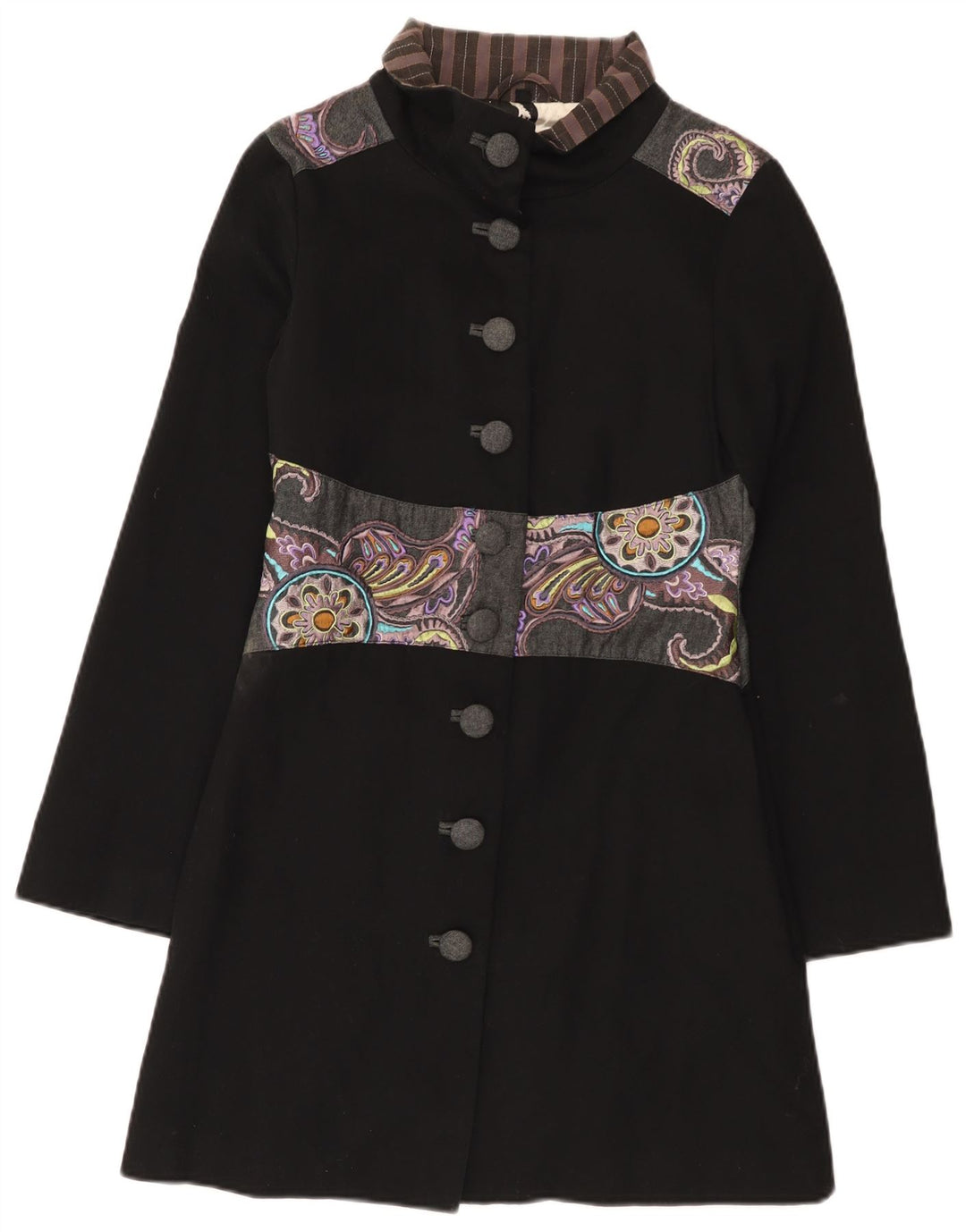 Vintage Womens Graphic Overcoat UK 10 Small Black Patchwork Cotton