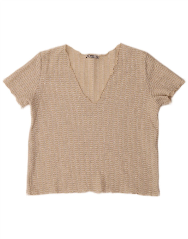 Zara Womens Crop Knit Blouse Top UK 14 Medium Beige Flecked