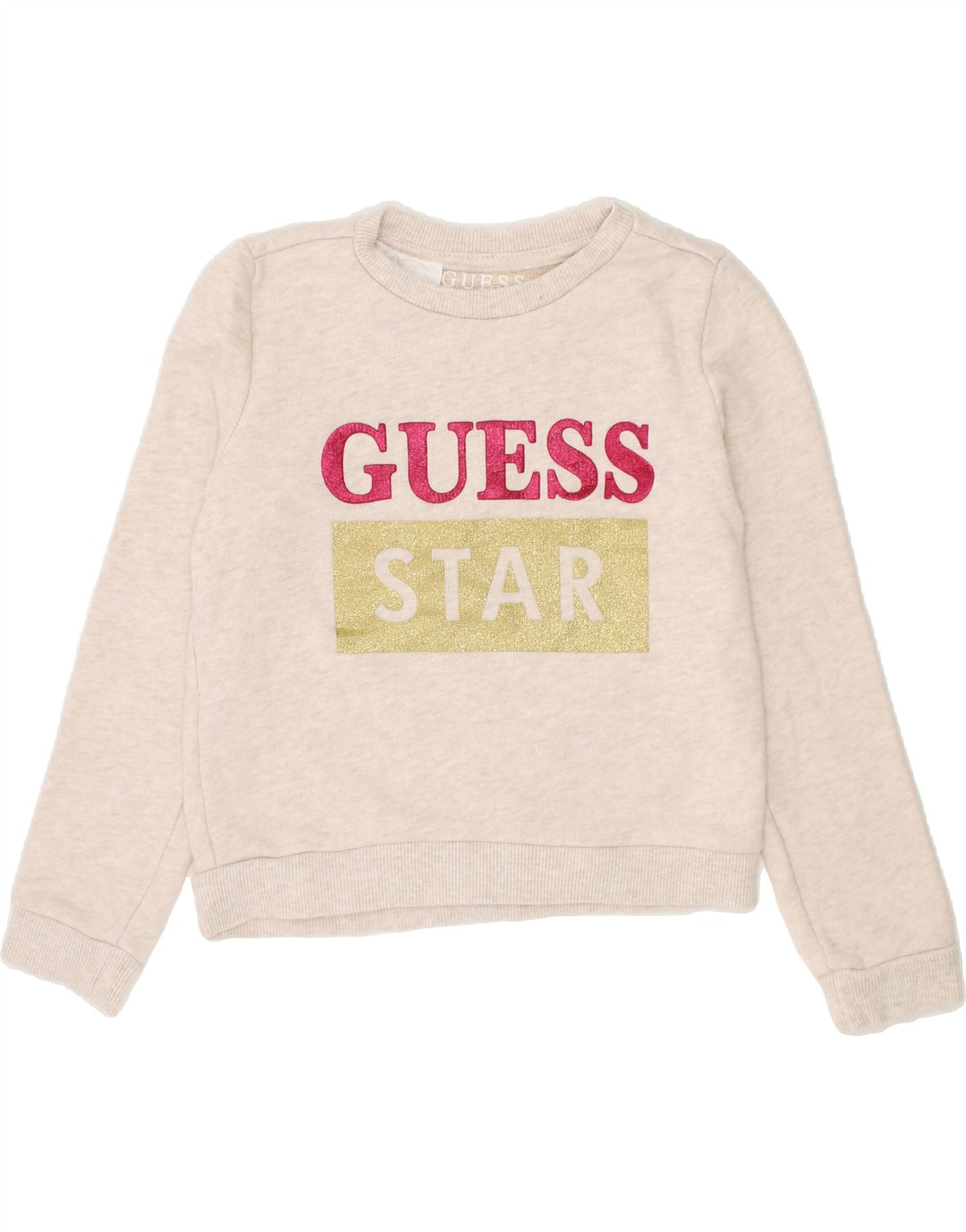 GUESS Girls Graphic Sweatshirt Jumper 4-5 Years Beige Vintage Guess and Second-Hand Guess from Messina Hembry 