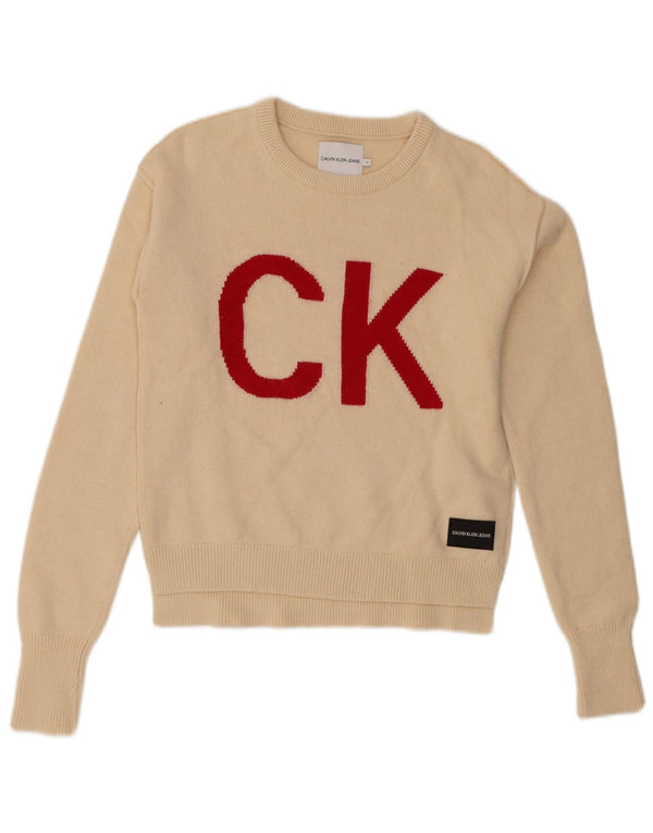 Calvin Klein Girls Graphic Crew Neck Jumper Sweater 13-14 Years Beige