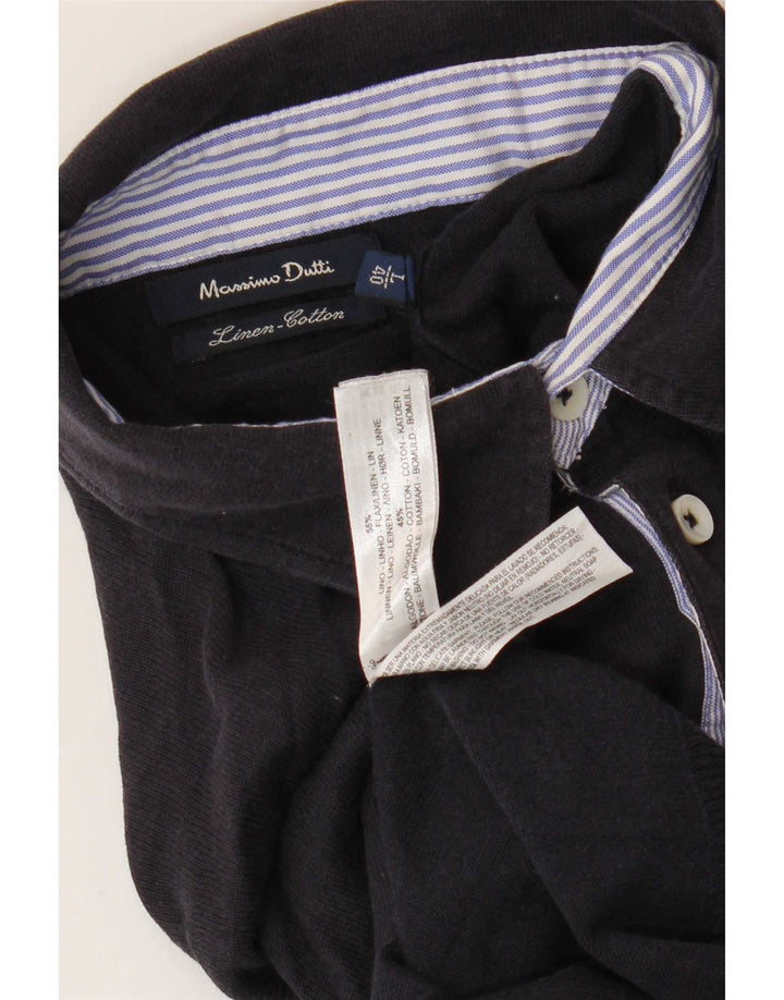 Massimo Dutti Mens Polo Neck Jumper Sweater Large Navy Blue Linen