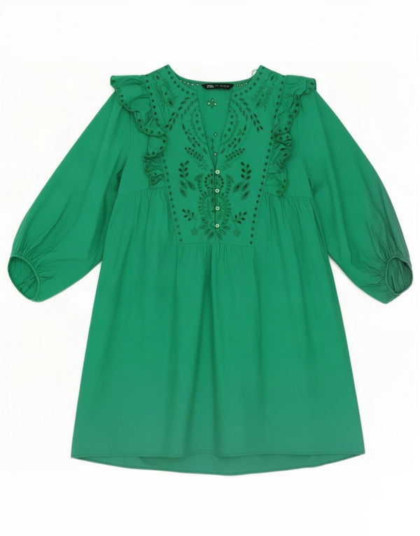 Zara Womens 3/4 Sleeve Tunic Dress UK 12 Medium Green Cotton