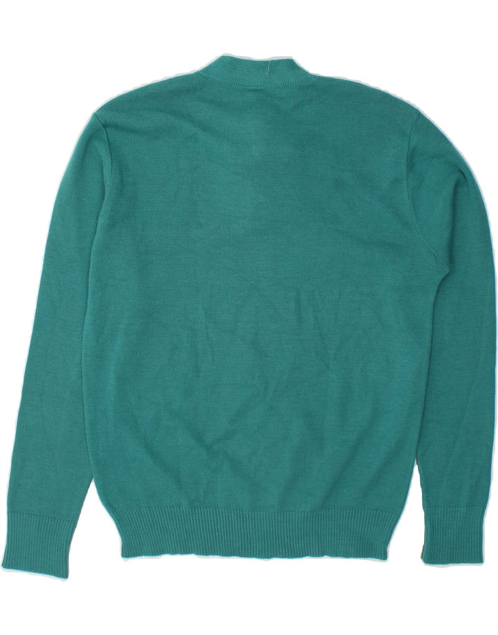 VINTAGE Womens Graphic Front Tie V-Neck Jumper Sweater UK 14 Medium Blue Vintage Vintage and Second-Hand Vintage from Messina Hembry 