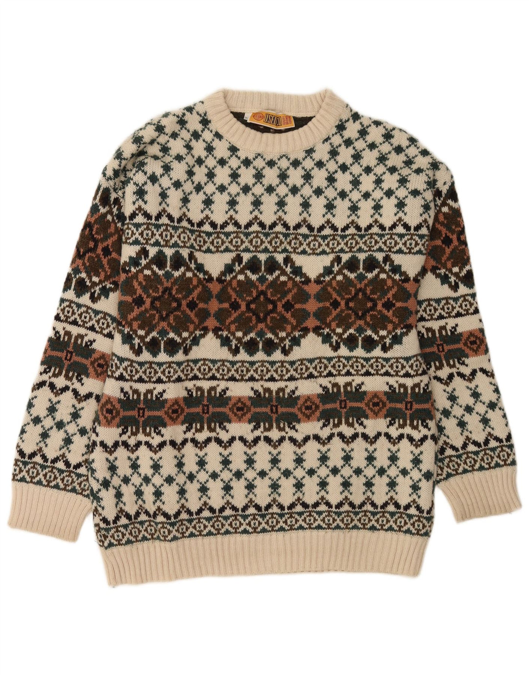 Vintage Mens Crew Neck Jumper Sweater IT 50 Medium White Fair Isle Wool
