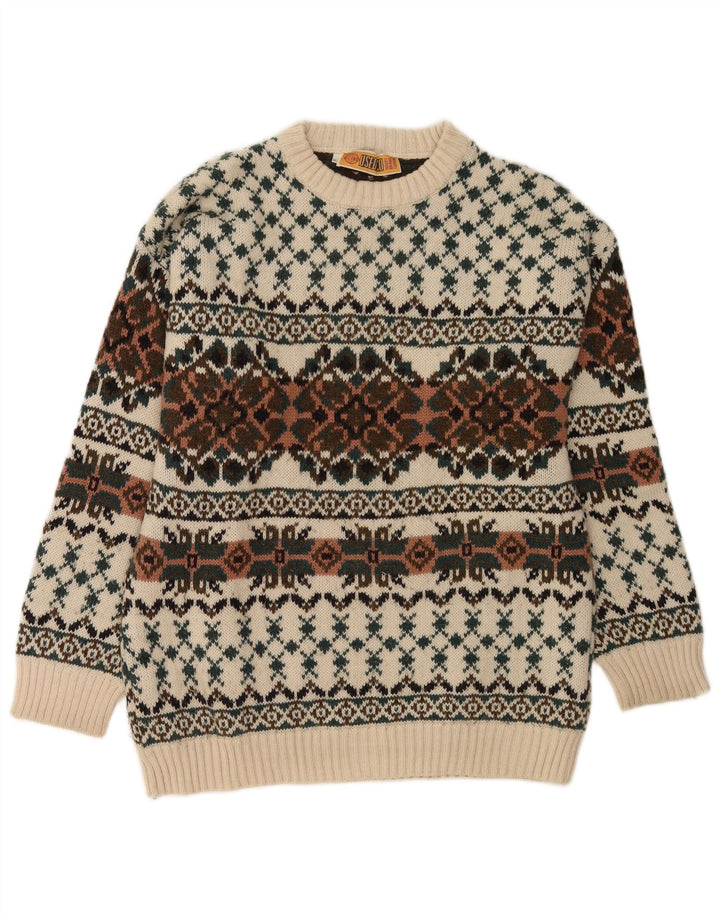 Vintage Mens Crew Neck Jumper Sweater IT 50 Medium White Fair Isle Wool
