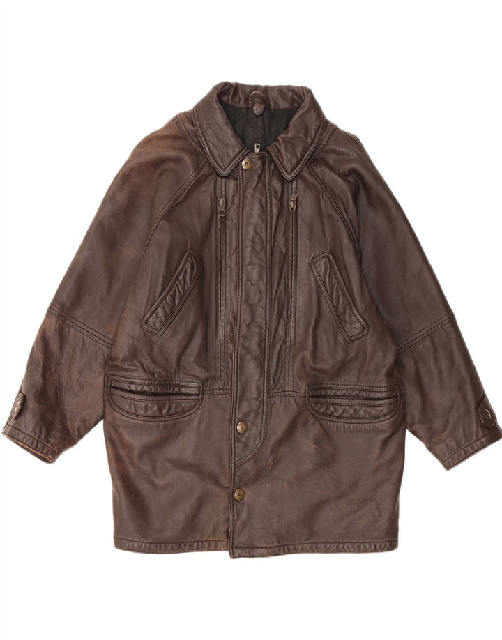 MARCOS Mens Leather Coat IT 50 Large Brown Leather