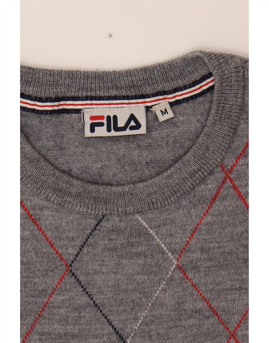 FILA Womens Crew Neck Jumper Sweater UK 14 Medium Grey Argyle/Diamond Wool Vintage Fila and Second-Hand Fila from Messina Hembry 