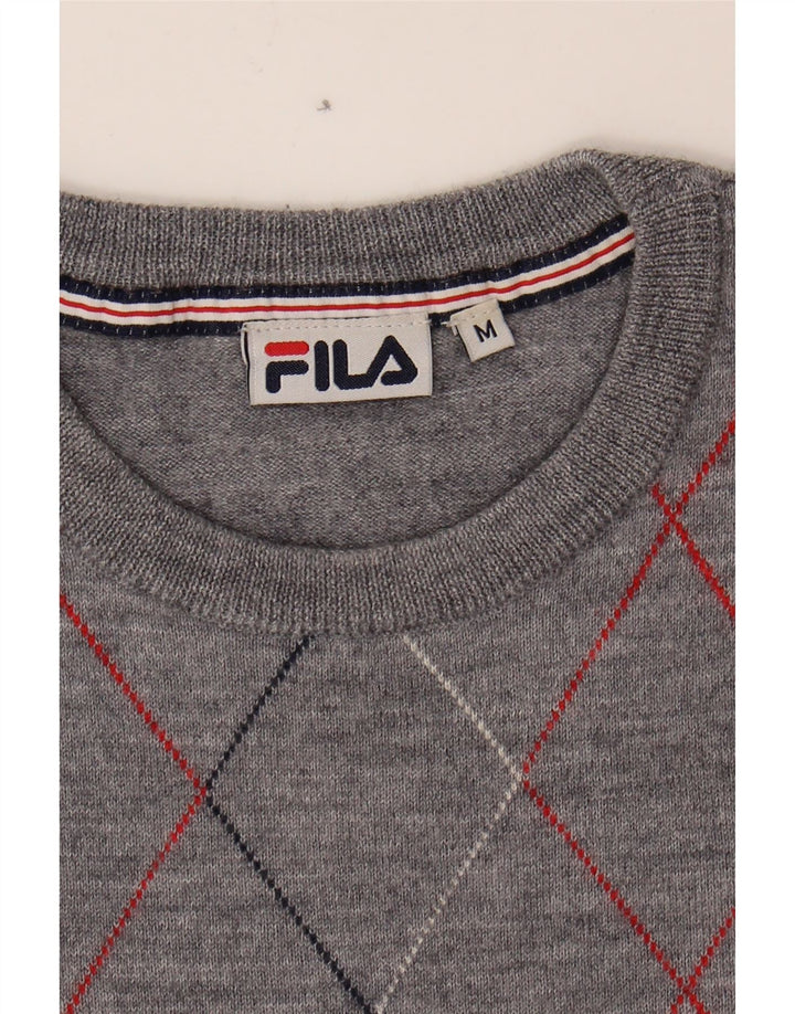 FILA Womens Crew Neck Jumper Sweater UK 14 Medium Grey Argyle/Diamond Wool Vintage Fila and Second-Hand Fila from Messina Hembry 