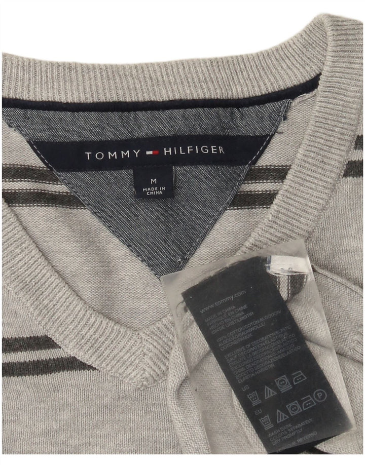 Tommy Hilfiger Mens V-Neck Jumper Sweater Medium Grey Striped Cotton