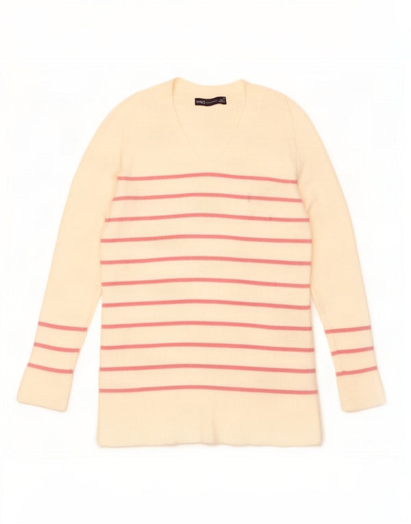 Maglione maglione con scollo a V da donna Marks & Spencer UK 10 piccolo a righe bianco sporco