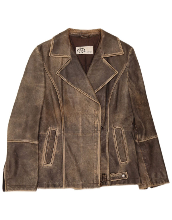 Marella Womens Acid Wash Leather Biker Jacket UK 12 Medium Grey Sports