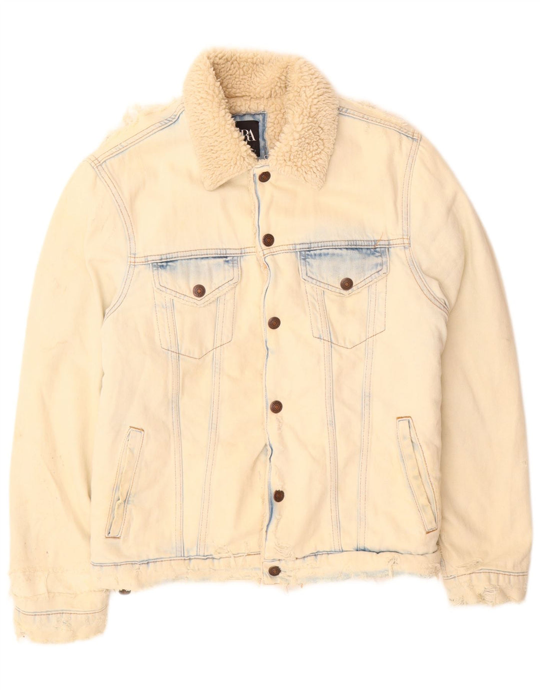 Zara Mens Sherpa Denim Jacket UK 36 Small Beige Cotton
