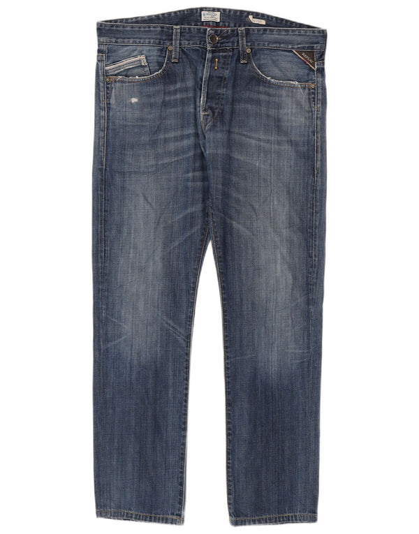 Replay Mens Waitom Distressed Slim Jeans W36 L30 Azul