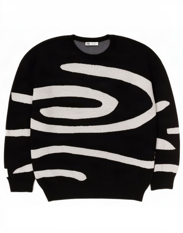 Zara Mens Abstract Pattern Crew Neck Jumper Sweater Large Black Cotton