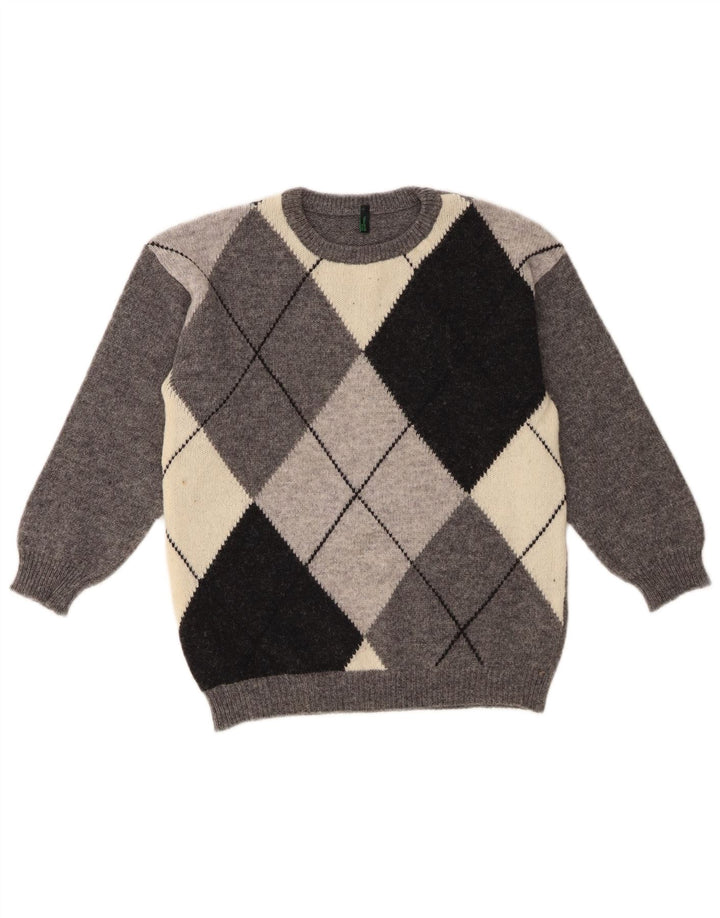 Benetton Womens Crew Neck Jumper Sweater UK 10 Small Grey Argyle/Diamond