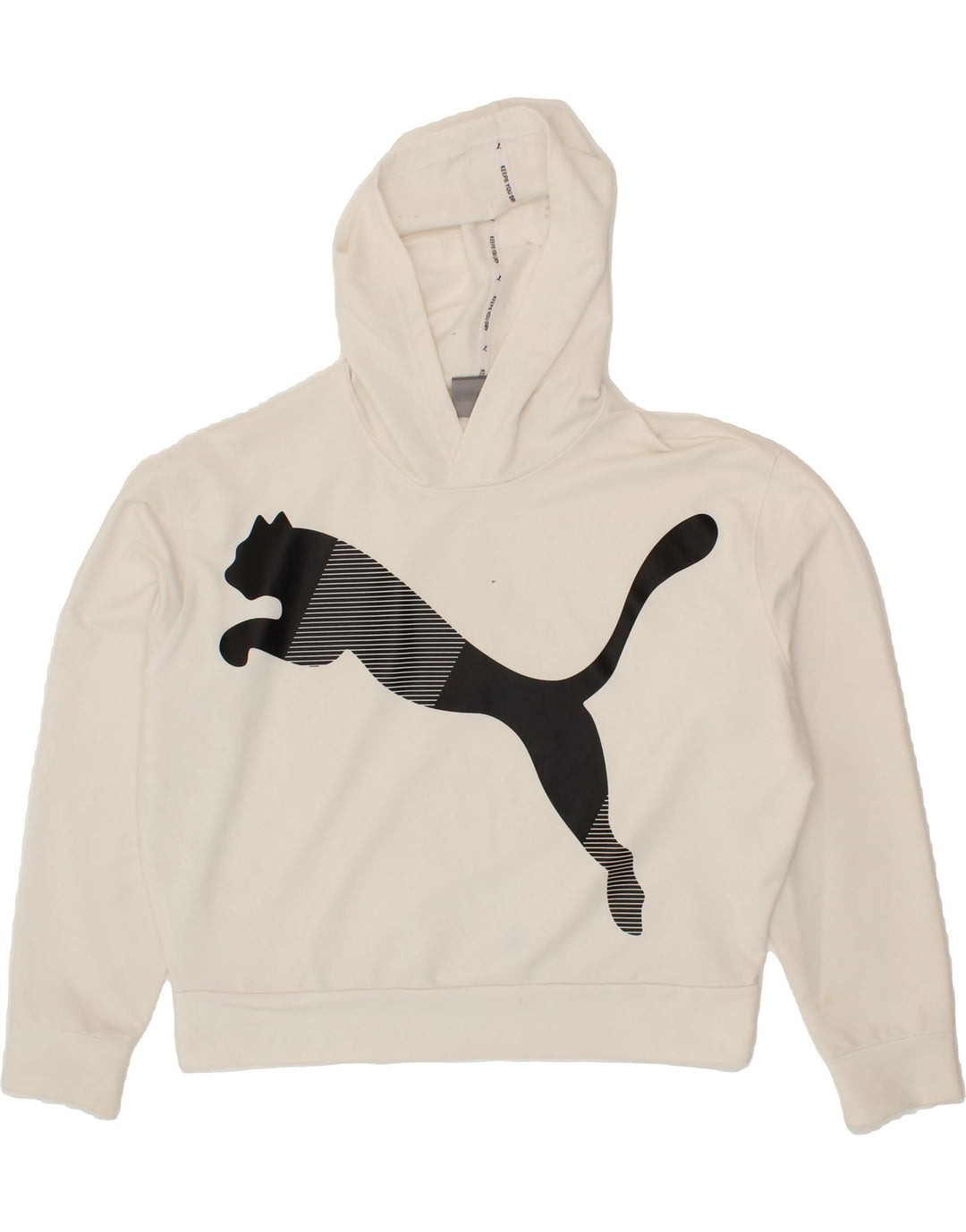PUMA Womens Oversized Graphic Hoodie Jumper UK 10 Small White Vintage Puma and Second-Hand Puma from Messina Hembry 