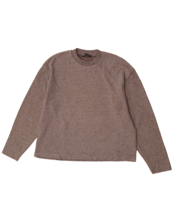 Zara Womens Oversized Crew Neck Jumper Sweater UK 10 Small Brown Polyester