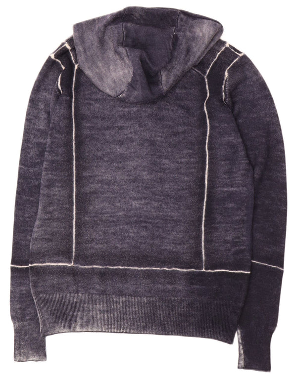 Gas Mens Graphic Hooded Cardigan Sweater Medium Navy Blue Flecked Wool