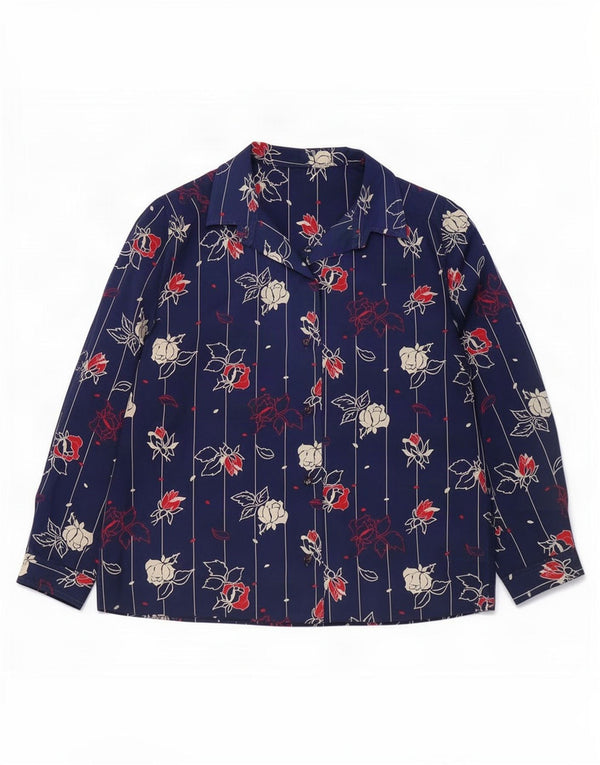 Vintage Womens Shirt UK 12 Medium Navy Blue Floral
