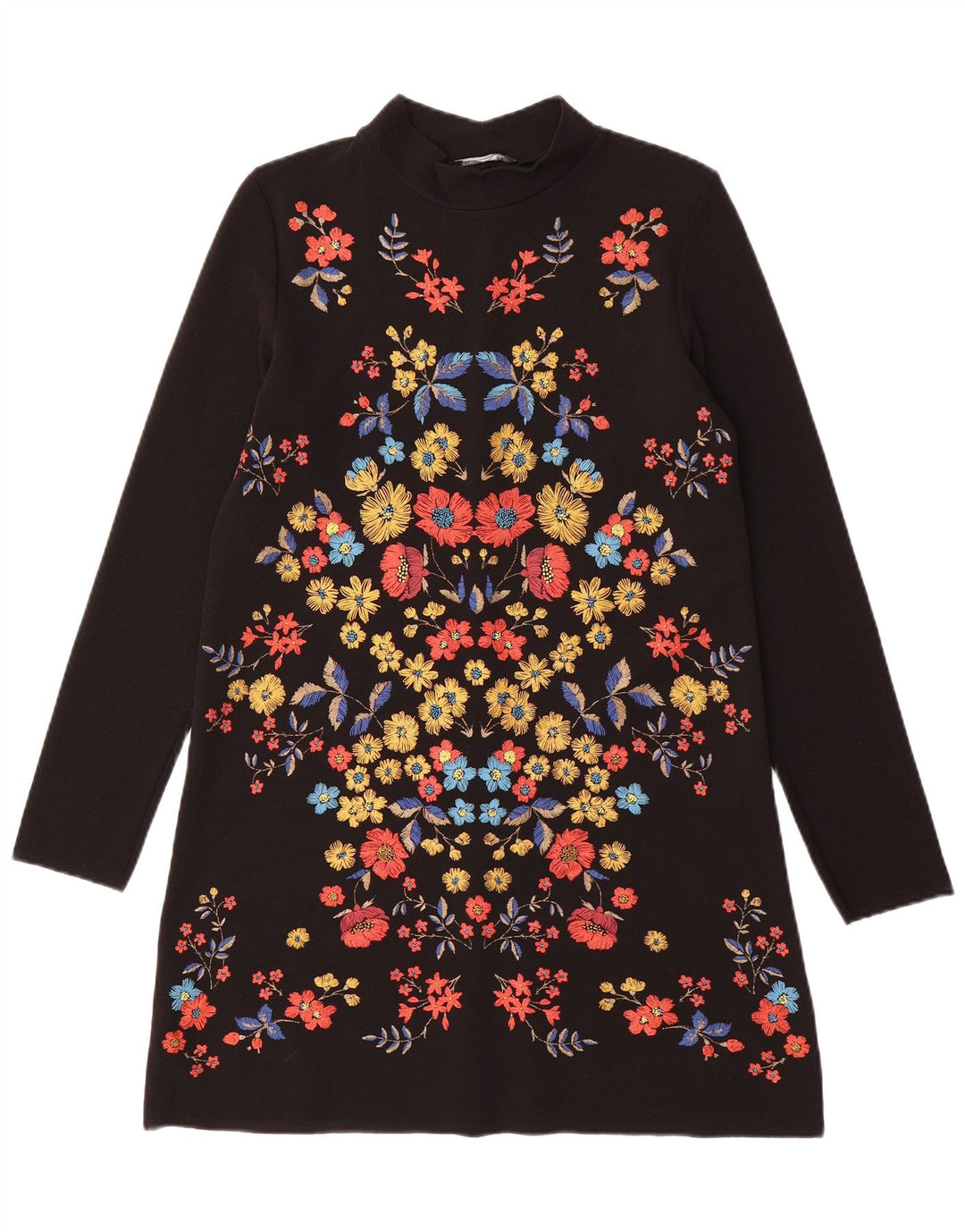 Abito a trapezio a maniche lunghe da donna Zara UK 10 Piccolo poliestere floreale nero