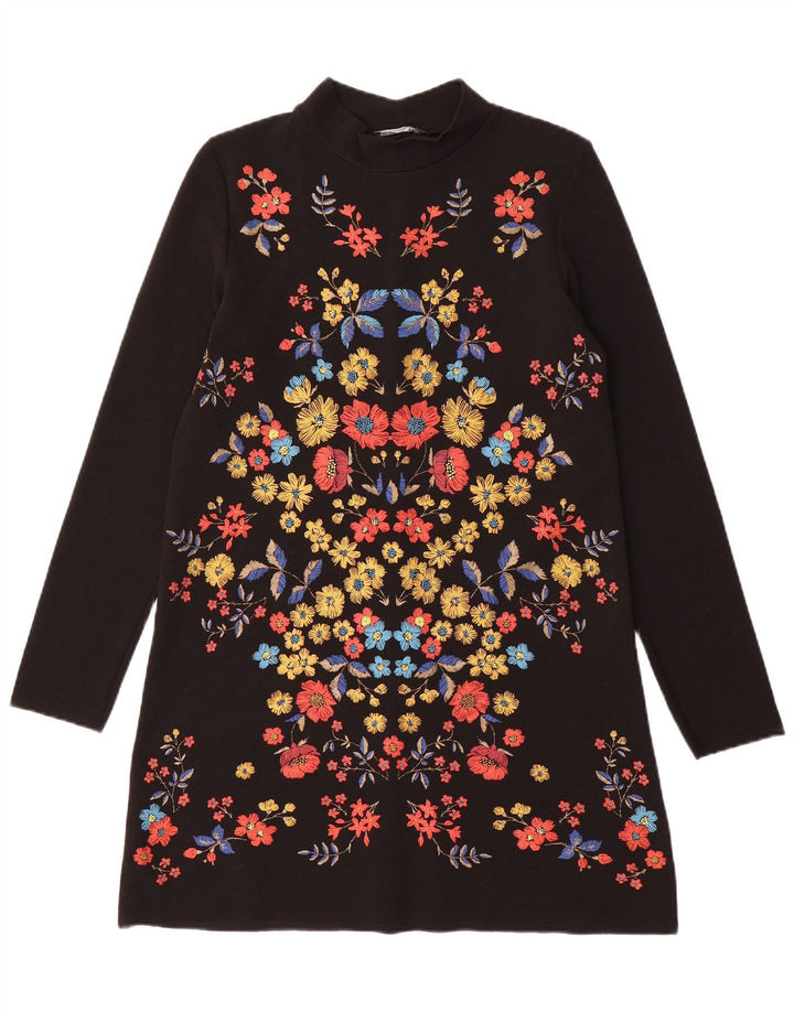 Abito a trapezio a maniche lunghe da donna Zara UK 10 Piccolo poliestere floreale nero