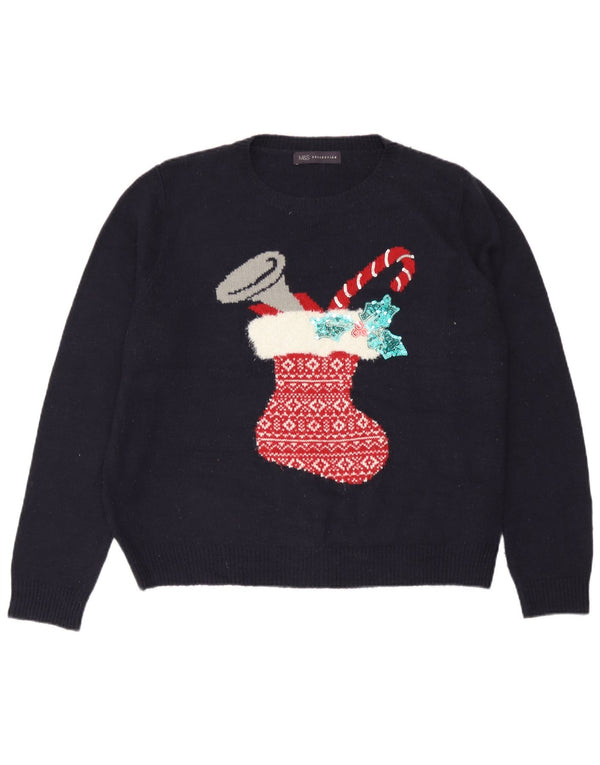 Marks & Spencer Damski sweter z okrągłym dekoltem UK 18 XL Granatowy Boże Narodzenie