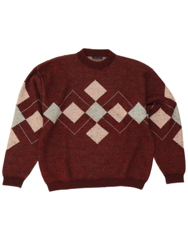 Vintage Mens Crew Neck Jumper Sweater Large Burgundy Argyle/Diamond