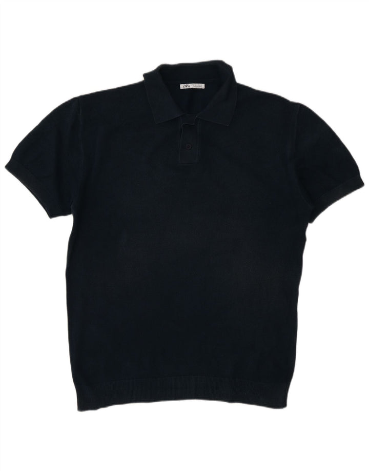 Zara Mens Short Sleeve Polo Neck Jumper Sweater Medium Navy Blue