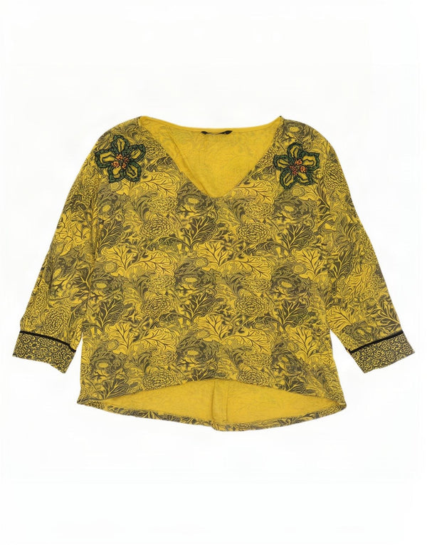 Desigual Womens Oversized V-Neck Jumper Sweater UK 14 Medium Yellow Floral