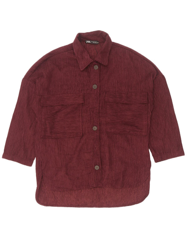 Zara Chemise surdimensionnée en velours côtelé à manches 3/4 pour femme UK 10 Small Bordeaux