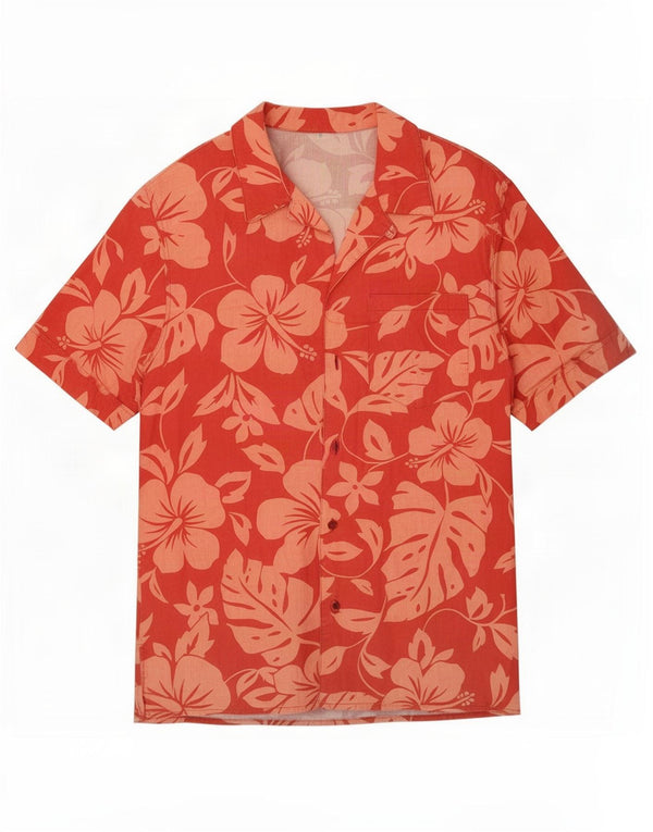 vintage Mens Hawaiian Short Sleeve Shirt Moyen Rouge Floral