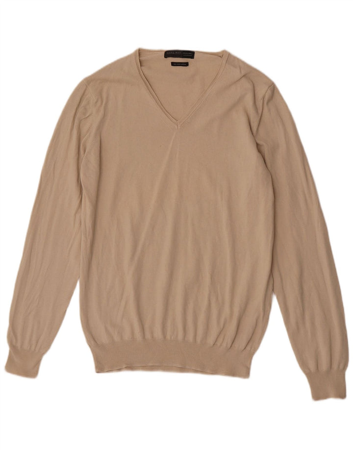 Zara Mens Regular Fit V-Neck Jumper Sweater Large Beige Cotton