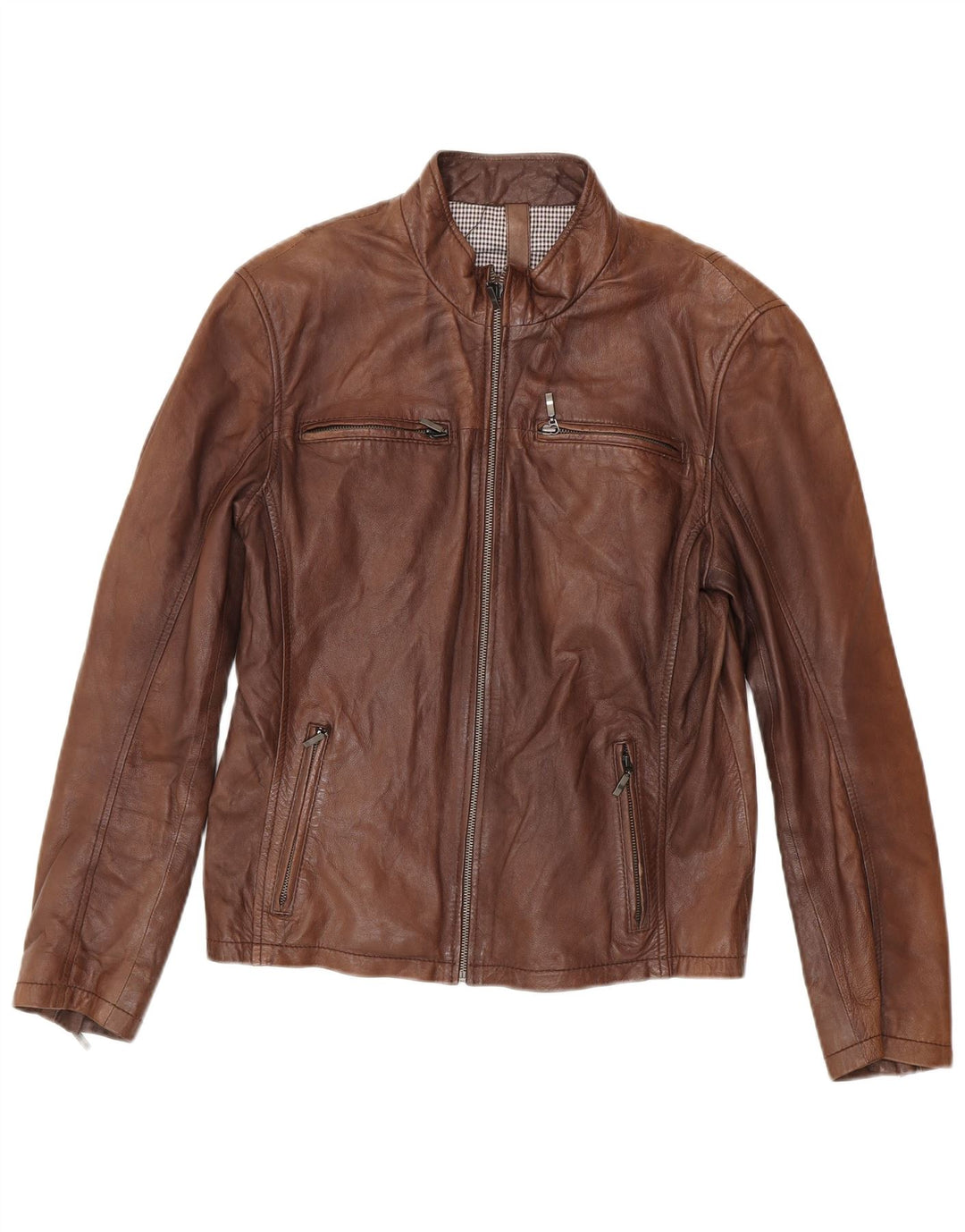 Conbipel Mens Leather Biker Jacket IT 48 Medium Brown Lambskin