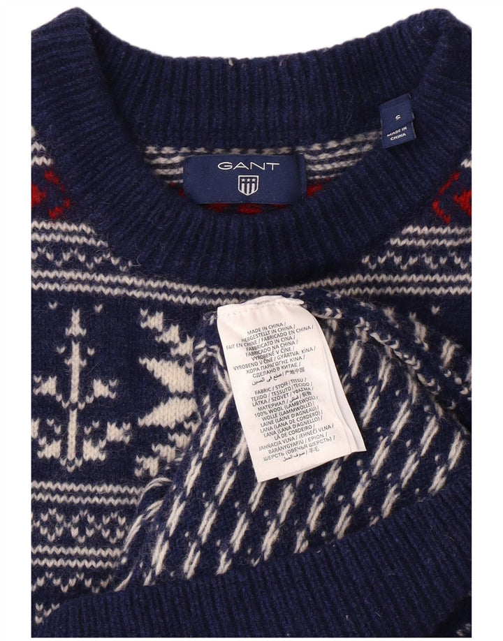 GANT Mens Crew Neck Jumper Sweater Small Navy Blue Fair Isle Wool