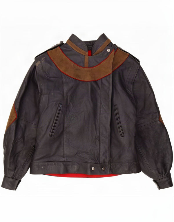 Chaqueta militar de cuero vintage para mujer UK 42 Medium Black Colourblock